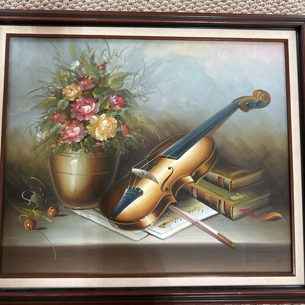 Chandler Still Life Oil Painting Violin Books & Floral Arrangement Vintage